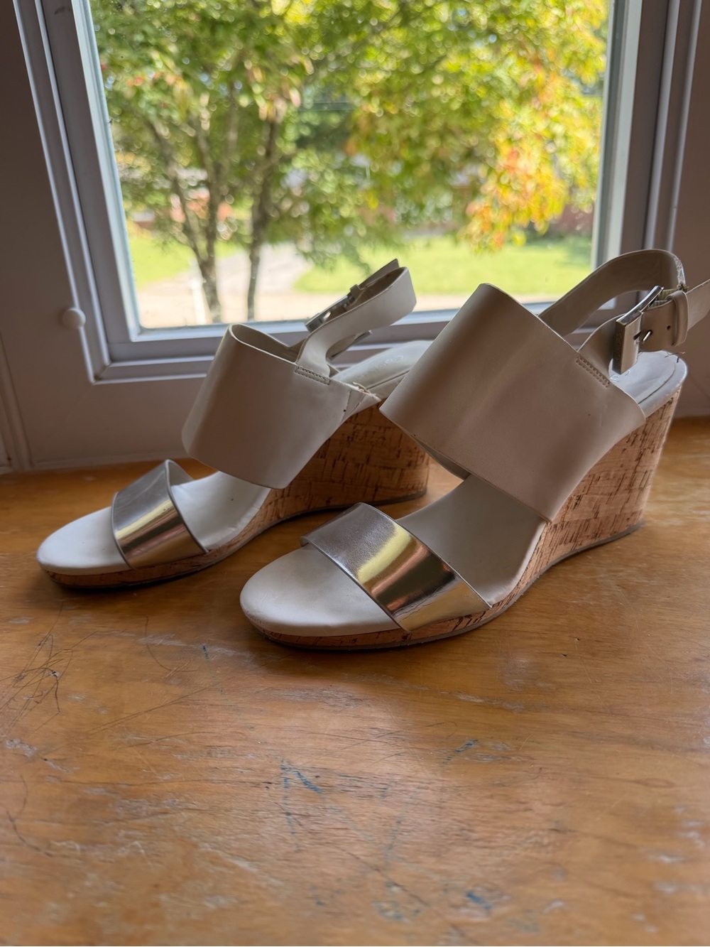 Calvin Klein Ivory and Silver Cork Wedge Sandals